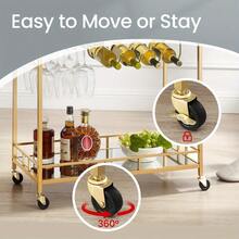 Edelstahl Barwagen mit 2 Spiegelfächern, Weinhaltern & Glasregal – Robuster Rollwagen für Home-Bar, Küche, Esszimmer, Partys – Leicht zu reinigende Oberfläche & platzsparendes Design, moderner Mobiler Getränkekarren, langlebige Konstruktion, Küchenorganizer - Goldfarben - Übersicht 6