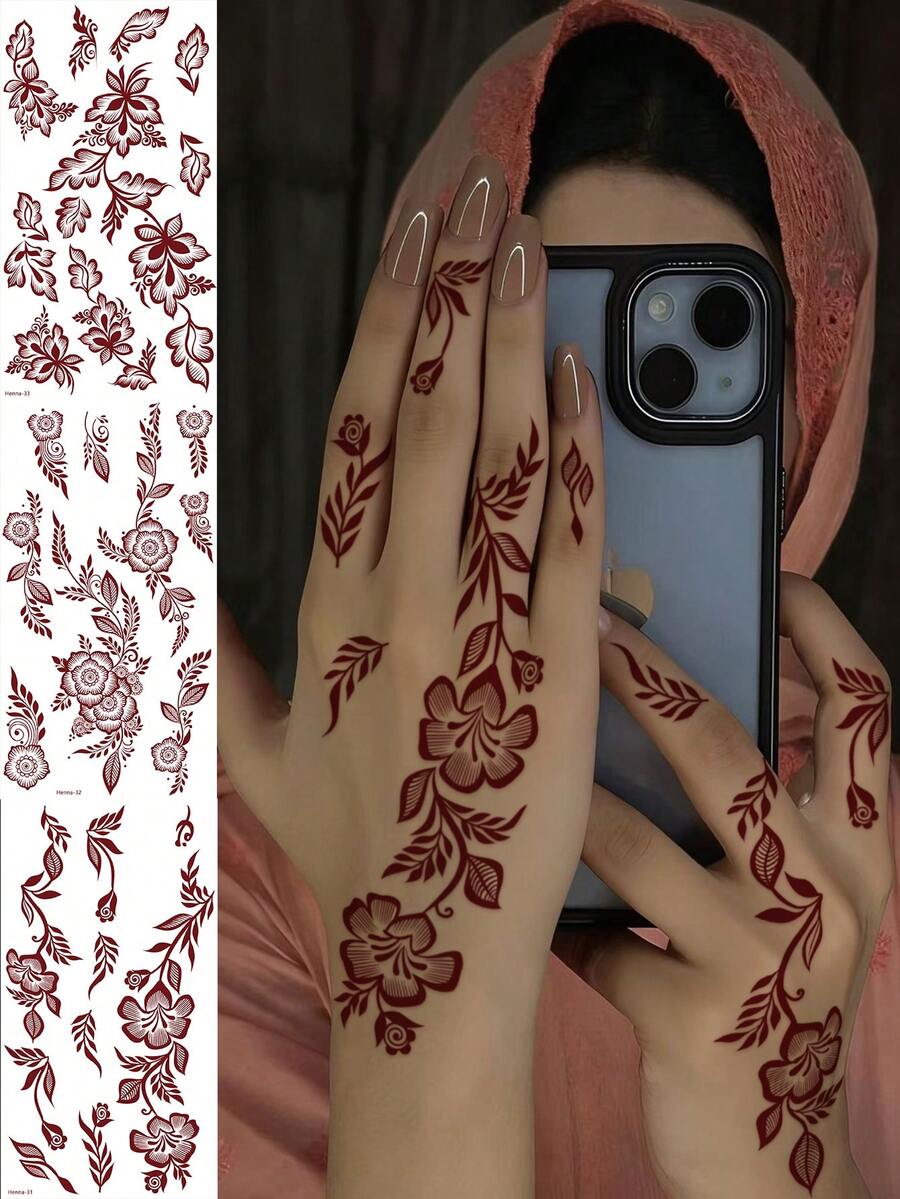 3pcs Red-Brown Leaf Flower Temporary Waterproof Tattoo Stickers, Fashionable Realistic Water Transfer Tattoo Stickers, Women Hand/Foot/Body Art, Suitable For Festivals, Weddings, Gifts And Daily Wear