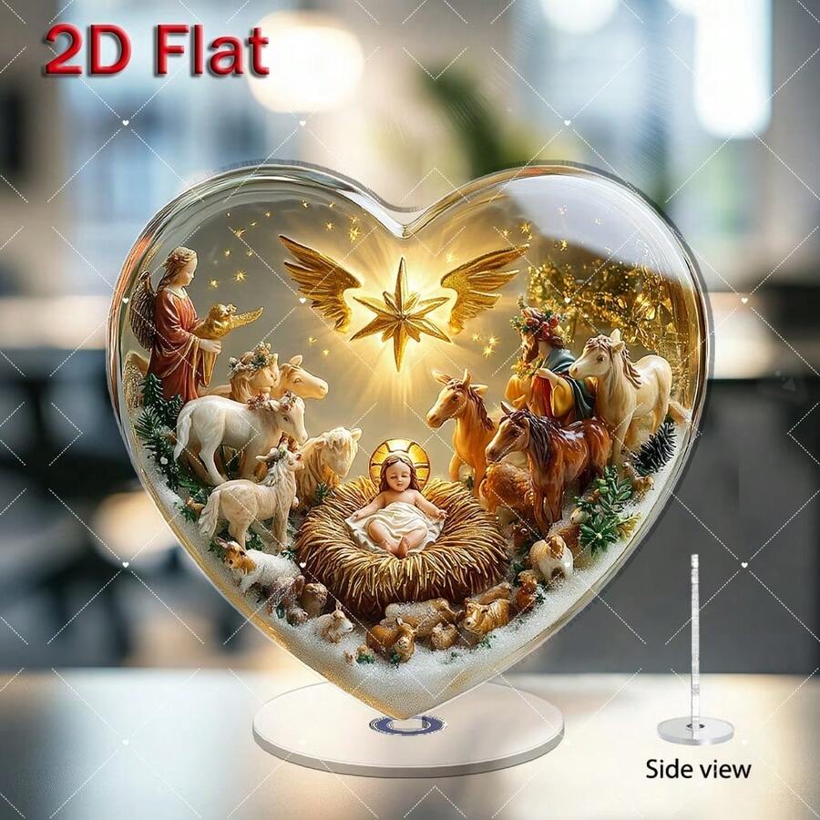 2D旋转亚克力耶稣诞生场景摆件 - 圣母玛利亚和圣婴耶稣在马槽中，2D旋转装饰，适合户外展示、桌面宗教装饰，经久耐用，适用于家庭或教堂，情人节、狂欢节、斋月、复活节、婚礼礼物，无需用电 - 彩色 - 查看 1