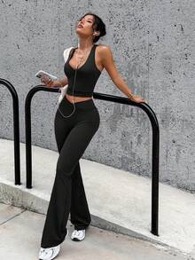 Aoqta Sports 女士夏季休闲纯色两件套，修身性感无袖吊带背心带胸垫V领和交叉腰喇叭裤，适合瑜伽、跑步、健身、日常穿着。 - 黑色 - 查看 6