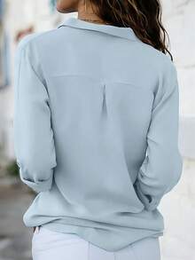 Áo sơ mi nữ trơn màu, kiểu dáng thường ngày, cài cúc, thích hợp cho mùa xuân. - Màu xanh nhạt - Xem 3