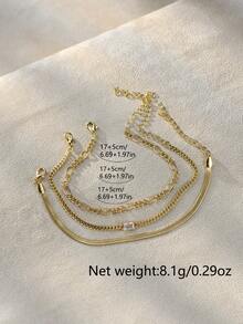 3pcs/Set Summer Vacation Fashion Mixed Wear Geometric Copper Zirconia, Stainless Steel Blade Chain & Iron Grinding Chain Multi-Layer Stacking Bracelet For Women - Yellow Gold - View 4