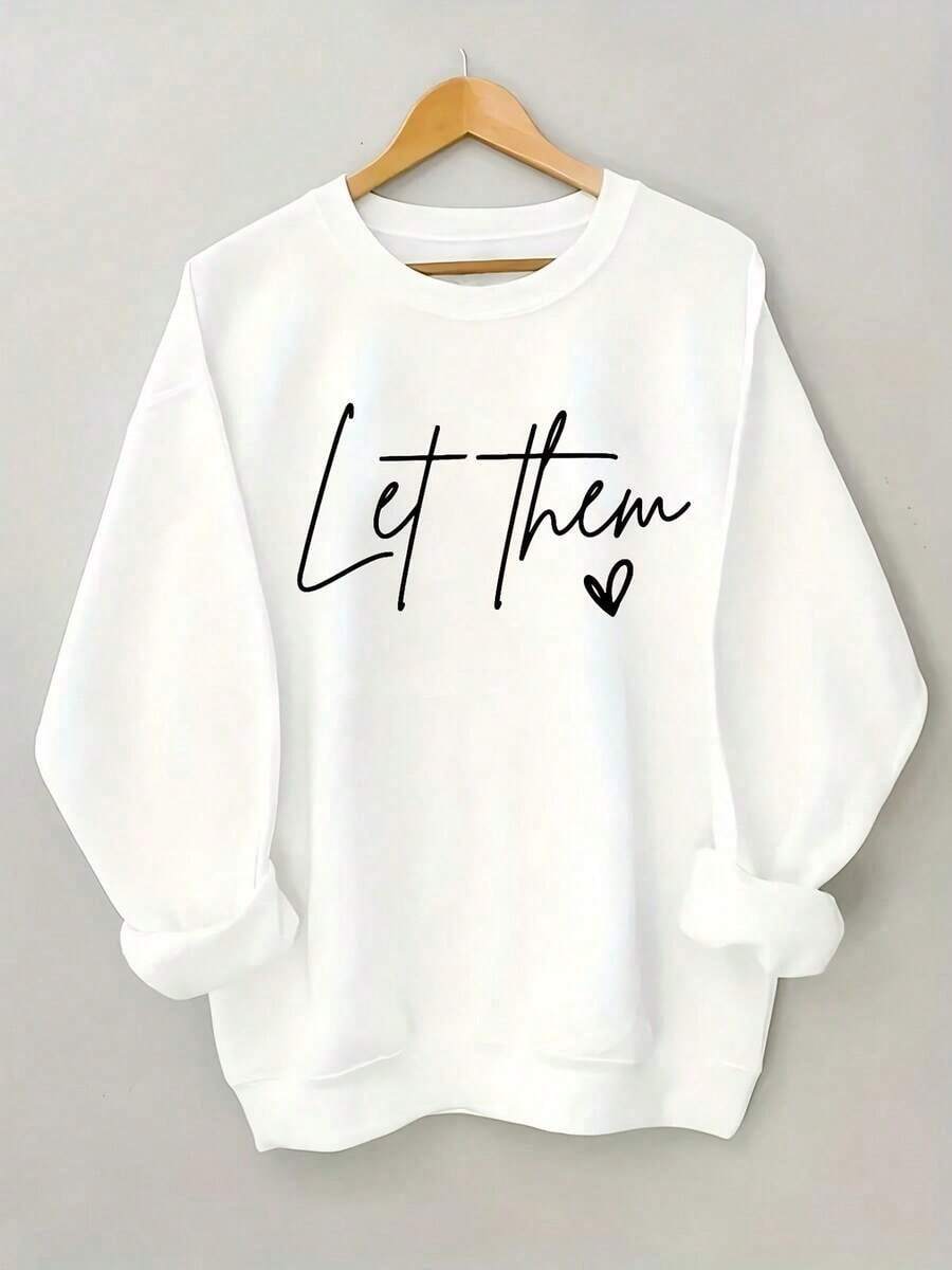 2026 New Arrival Women's Love Heart Print Round Neck Sweatshirt, Loose Oversized Casual Streetwear, Soft Durable Fabric & Comfortable Fit For Spring & - 白色 - 查看 1