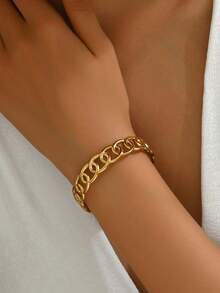 1件时尚不锈钢镂空圆环拼接手镯，优雅可调节18K镀金简约百搭手镯，适合女士日常佩戴或作为礼物 - 金色 - 查看 2