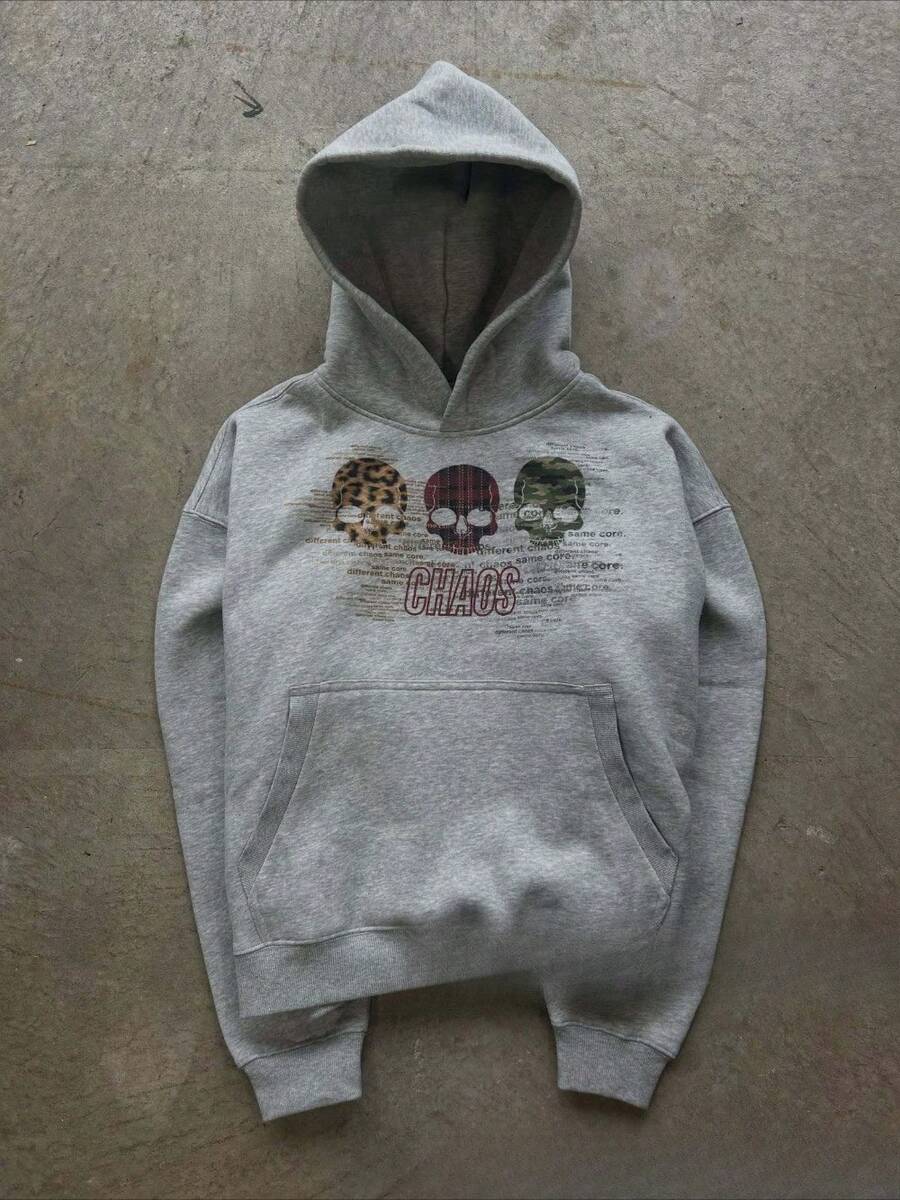 Men's American Street Personality Spring Wear Men's And Women's  Letter Skull Same Simple Style Print Pattern Hoodie - 灰色骷髏衛衣 - 查看 1