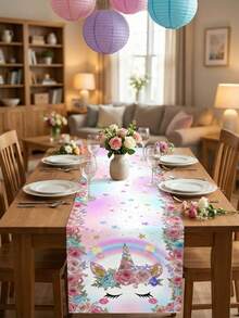 1pc Pink Unicorn & Rainbow/Star/Floral Pattern Unicorn Theme Table Runner, Dreamy Girly Style Polyester Rectangular Tablecloth Decor - With Sparkling Star Accents, Pink Floral Trim And Unicorn Horn Details, Pink Unicorn Tabletop Decor For Room Decoration, Holiday Atmosphere Setting, Suitable For Girl's Birthday Party Decoration And Home Indoor Gathering - Unicorn - View 8