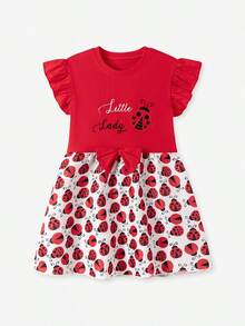 Little Girls Ruffle Sleeve Ladybug Print Tulle Princess Dress With Bow Knot For Party Holiday - Red - View 2