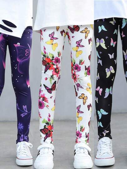 Bộ 3 quần legging cho bé gái, họa tiết bướm, chất liệu lụa sữa, co giãn, ôm sát, thích hợp cho mùa xuân/hè.