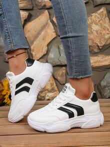 Women's White British Style Lace-Up Sneakers, Round Toe Low-Top Thick Sole Slip-On Shoes, Fashionable Breathable Non-Slip Chunky Sneakers For Students - White - View 3