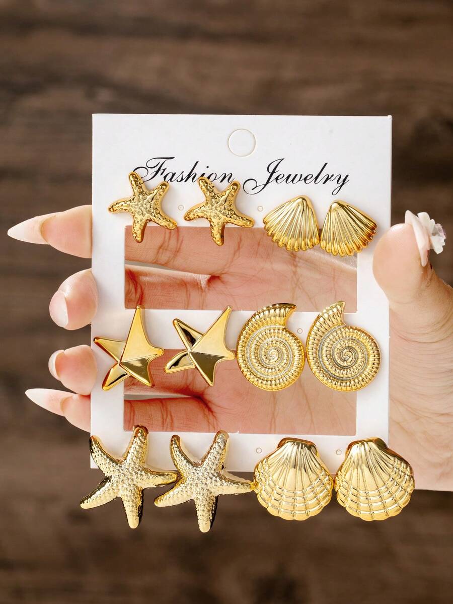 1/6 Pairs Beach Ocean Style Seashell, Conch, Starfish Earrings Set, Lightweight Elegant Earrings Suitable For Beach Travel, Fashion & Versatile For Different Outfits - Gold - View 1