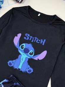 迪士尼女士针织图案印花圆领长袖上衣+松紧腰直筒裤睡衣套装，女士秋冬睡衣套装 - 黑色 - 查看 2