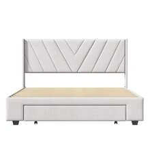 ZSSWSS Cama doble con 3 cajones, 140/160 x 200 cm, cabecero de rayas, somier de láminas, estilo escandinavo, cama tapizada, cama con cajones, lino, beige - Beis - Ver 9