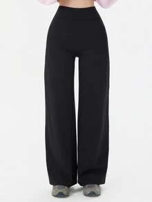 女士瑜伽裤 高腰弹力休闲柔软直筒裤 - 黑色 - 查看 6