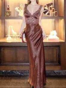 Robe d'été sexy pour femmes en dentelle marron dos nu, robe de soirée longue à ourlet de sirène pour concert, robe de soirée élégante en tricot transparent - Tabac - Voir 2