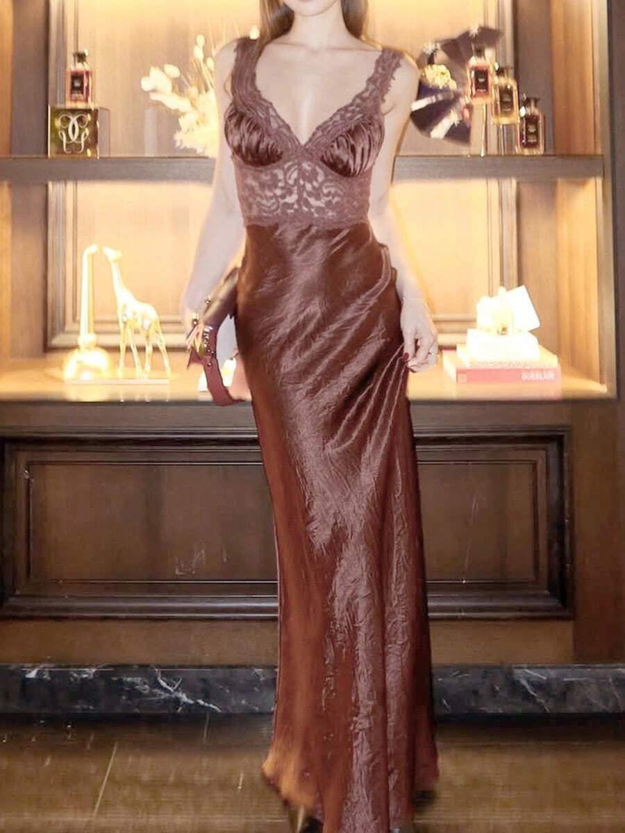 Robe d'été sexy pour femmes en dentelle marron dos nu, robe de soirée longue à ourlet de sirène pour concert, robe de soirée élégante en tricot transparent