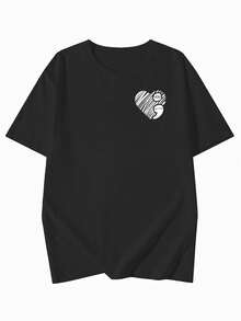 2026夏季新款女式休闲宽松圆领爱心双面印花图案T恤，街头时尚学院风短袖T恤 - 黑色 - 查看 5