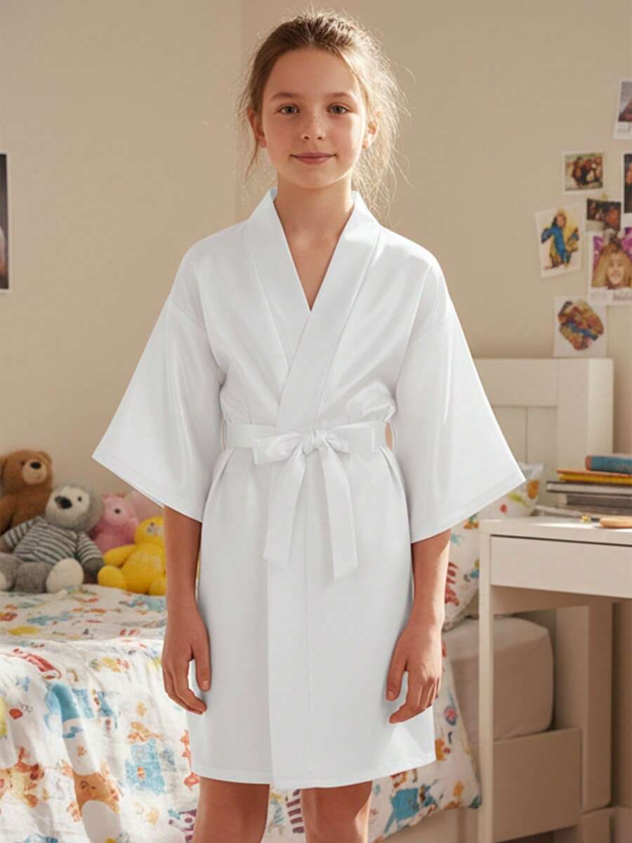 1pc Girls White Bathrobe, Japanese Style Sleepwear, Pool Robe, Loungewear, Birthday Gift, Party Costume, Pool Party, Wedding Flower Girl - White - View 1