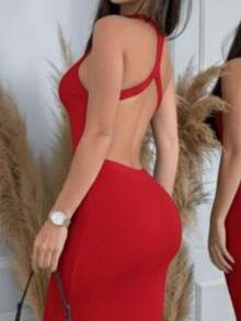 CROSS BACK MIDI DRESS IN MODAL KNIT - Red - View 3