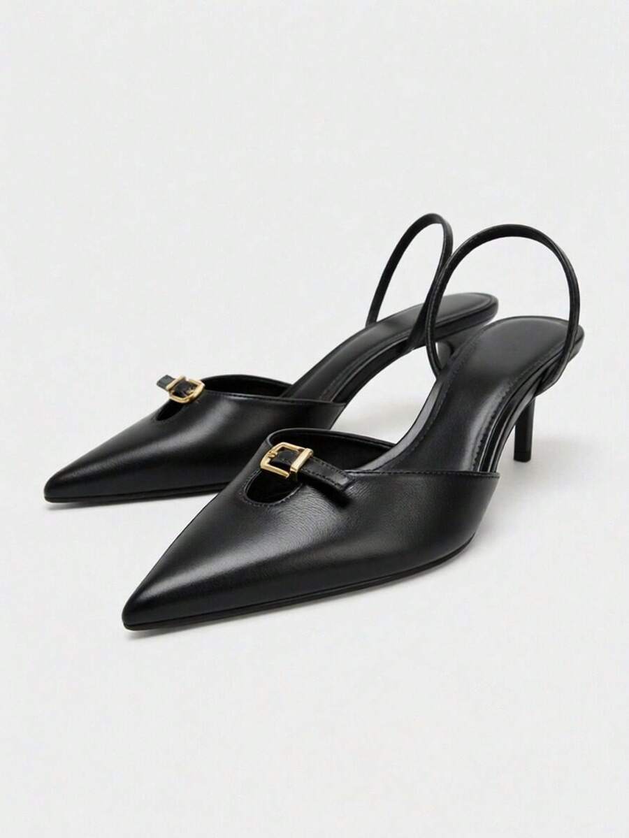 女士尖头搭扣设计时尚高跟鞋，适合日常穿着 - 黑色 - 查看 1