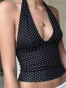 Women's Halter Neck Tank Tops Sleeveless Open Back Plaid/Heart Printed Slim Fit Tops Party Shirts - Than chì - Xem 1