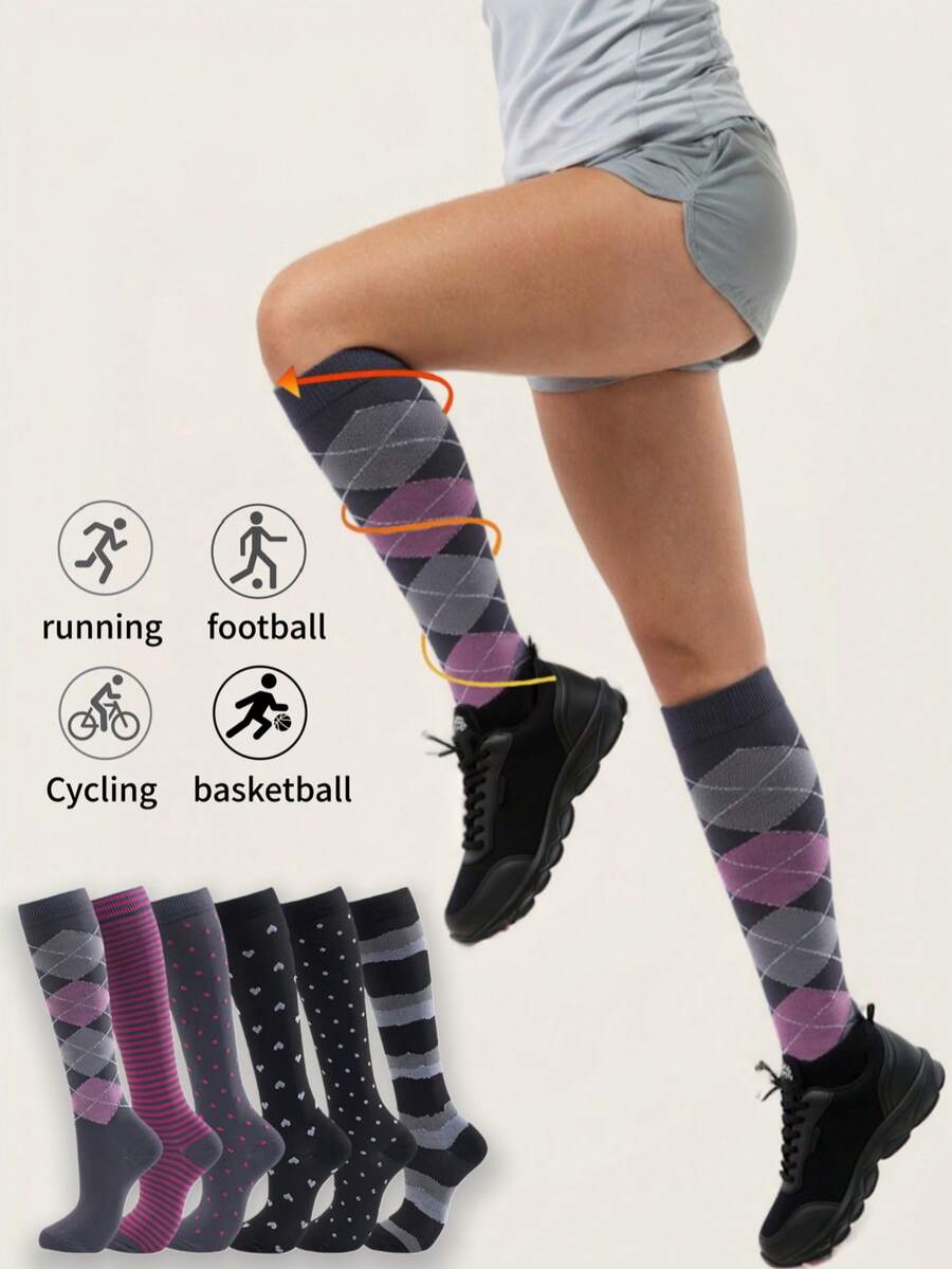 1/3/6双装女士压缩袜，可爱图案透气过膝袜，适合跑步、健身、跳绳、健身房运动