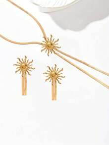 2pcs/Set New Creative Middle Eastern Sunflower Long Tassel Y-Shape Minimalist Elegant Gold Jewelry Set, Combining Chain And Sunflower Design, Metallic, Suitable For European & American Party Outfits And Occasions - Yellow Gold - View 2
