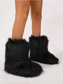 Match With Sweater,Women Fluffy Snow Boots Casual Flat Fuzzy Mid-Calf Boots White - 黑色 - 查看 3