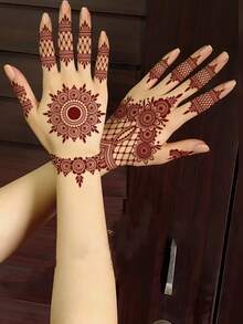 4pcs Brown Henna Lace Ribbon Temporary Tattoo Stickers, Waterproof Hand & Body Temporary Tattoos, Brown Mandala Flower Lace Body Art Stickers For Women - Brown - View 4