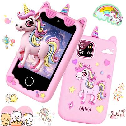 2.8英寸触摸屏儿童智能手机玩具，硅胶外壳设计，适合3-12岁男孩女孩，内置MP3故事和字母学习软件，是完美的生日礼物，8GB存储空间，学习游戏，双摄像头，音乐播放器。