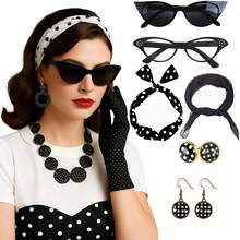 6-Piece Chiffon Scarf Cat-Eye Glasses Square Scarf Headband Earring Set, 1940s Polka Dot Cat-Eye Party Accessories, Including Headband, Square Scarf, Glasses, Earrings And Ear Pendants, Party Outfit - Multicolor - View 2