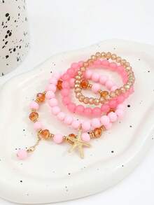 4pcs/Set Bohemian Ocean Beach Style Starfish Pendant Multi-Layer Beaded Asymmetrical Bracelet Set For Women - Pink - View 3
