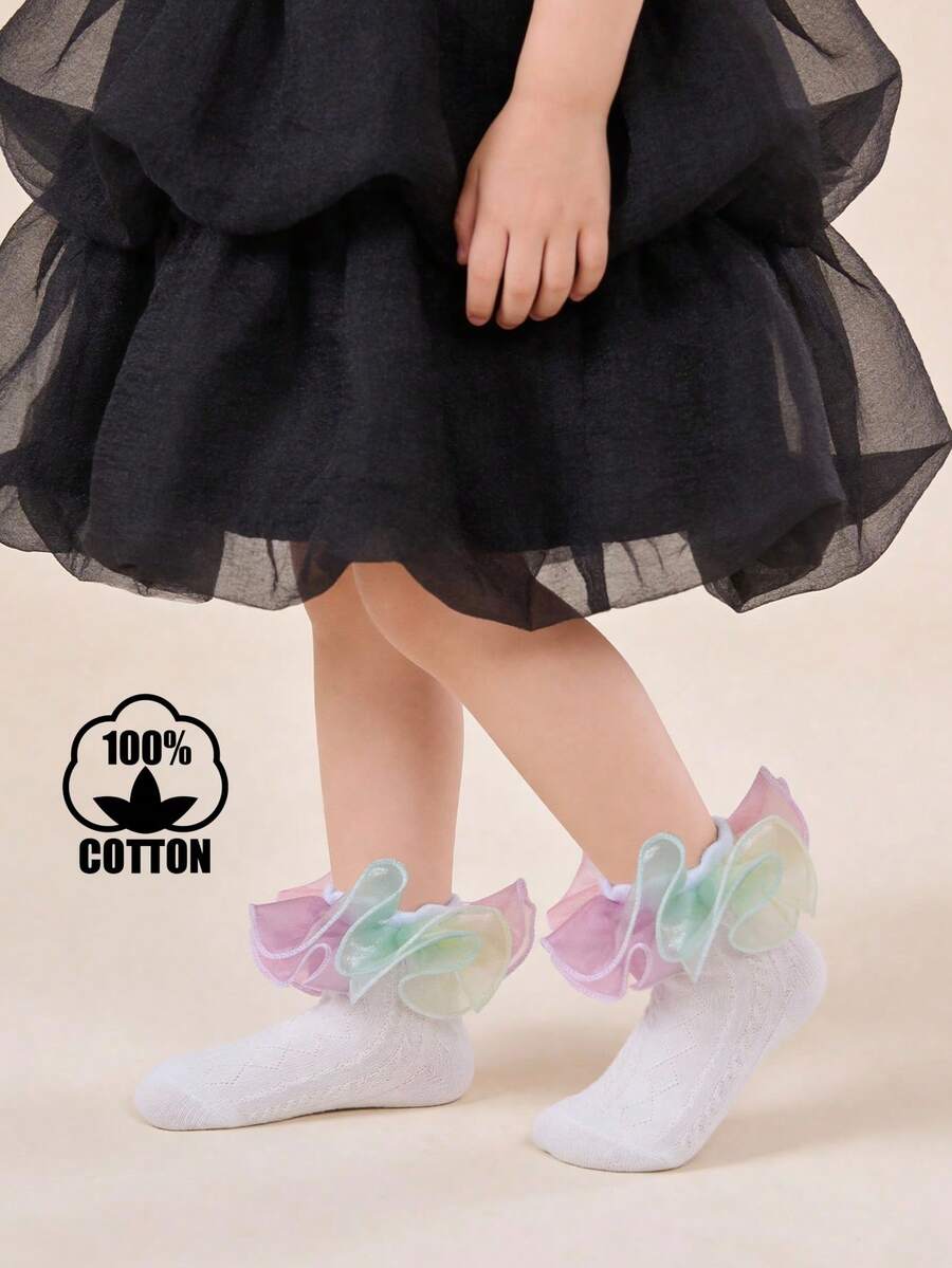 1 Pair Cotton Children's Lace Trim Short Socks, Fluffy Lace Mesh Girls' Lace Trim Socks, Cute Princess Dance Socks - White - View 1