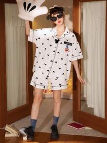 Gongdie 2 piezas Conjunto de pijama de Mickey Mouse mágico de Disney, traje de ropa de dormir de manga corta, suave y transpirable, que absorbe la humedad, para primavera/verano - Blanco - Ver 8