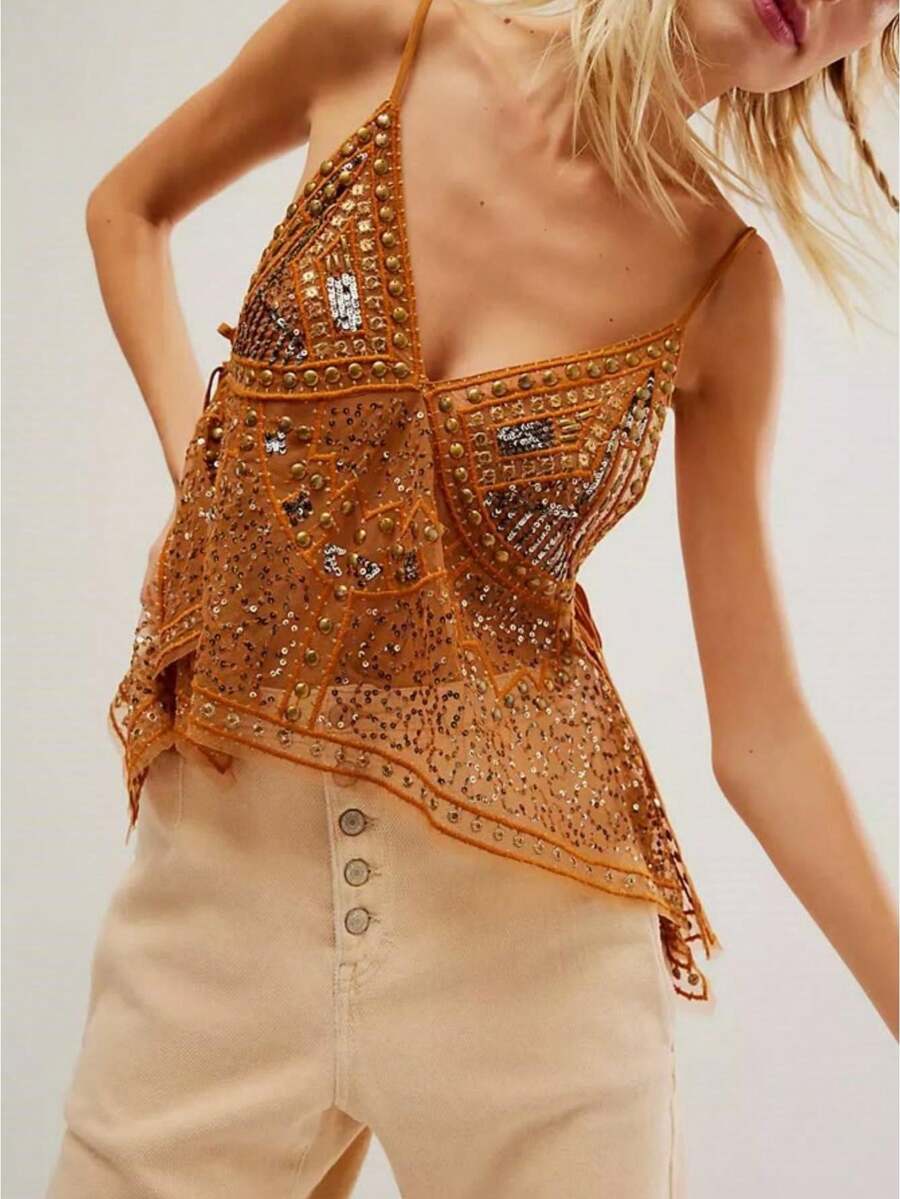 Women's Y2K Sparkly Sequin Tank Top Beaded Sheer Mesh Cami V Neck Party Rave Top - 薑黃 - 查看 1