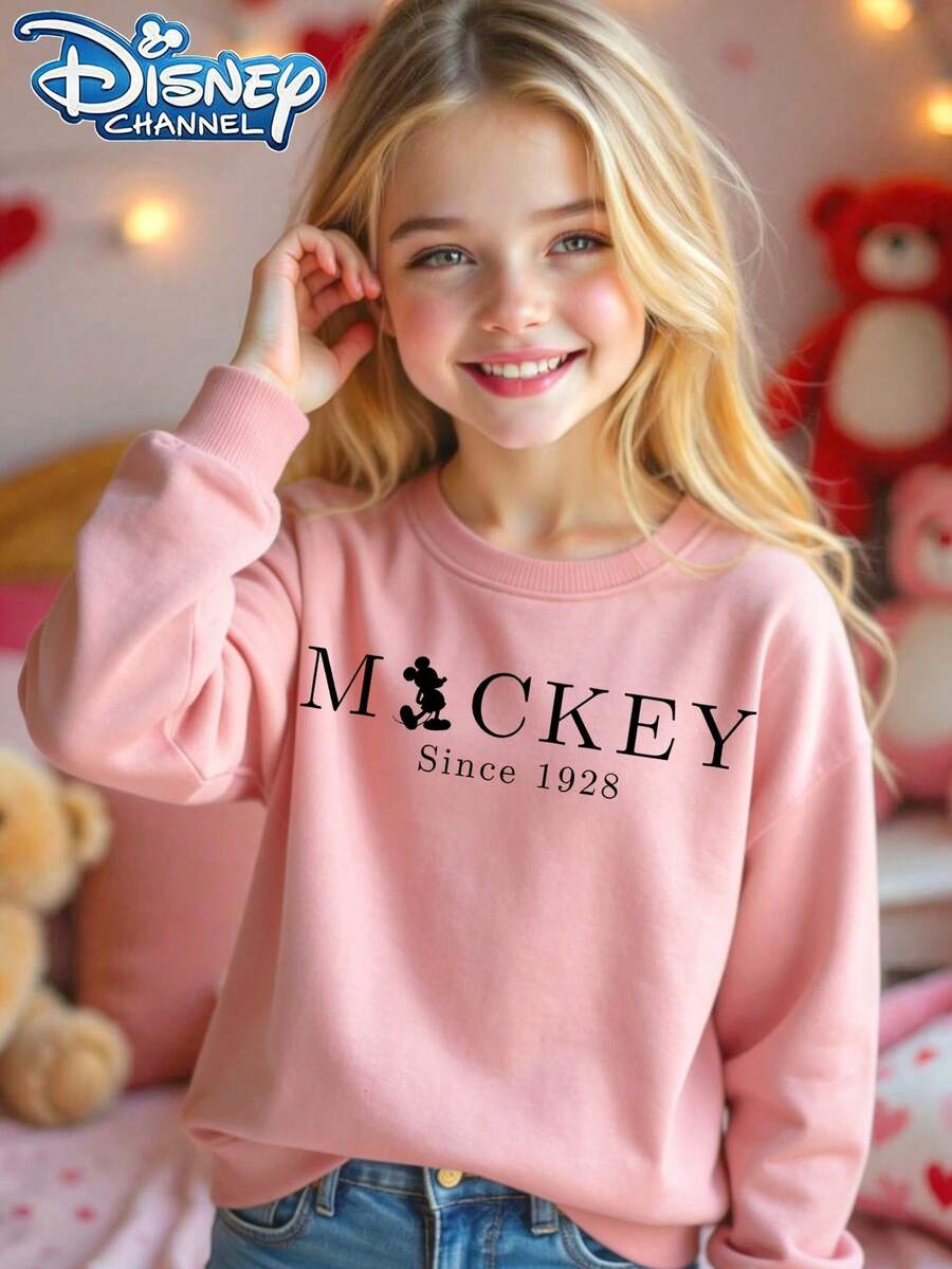 Officially Authorized By Disney, "MICKEY" Pattern, Girls' Round-Neck Hoodie, Comfortable Material, Bright Color, Suitable For Autumn And Winter, Outdoor Sports - Hồng - Xem 1