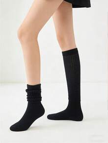 1 Pair Black Slouchy Socks, Unisex Mid-Calf Warm Socks For Autumn/Winter - Black - View 1