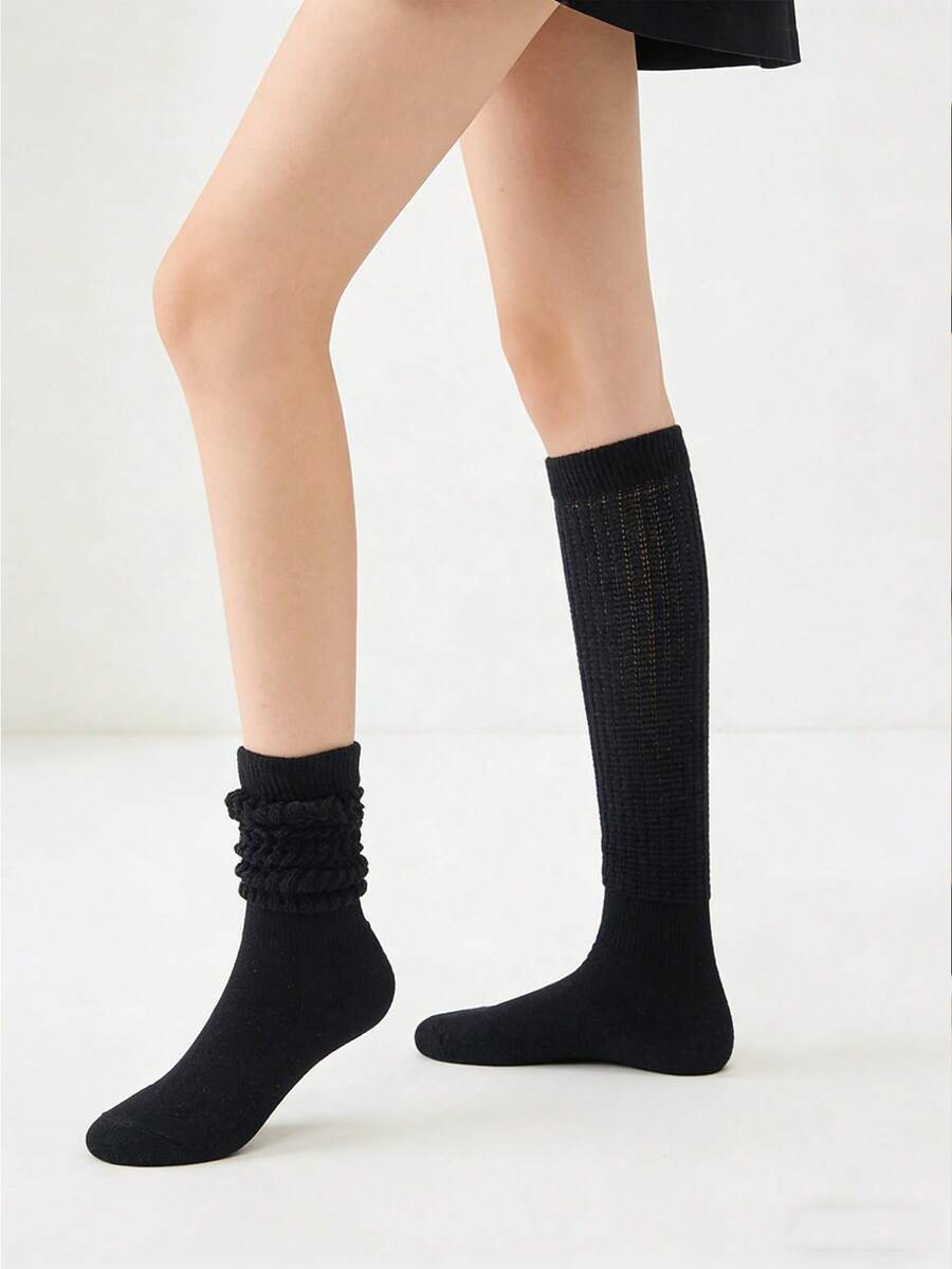 1 Pair Black Slouchy Socks, Unisex Mid-Calf Warm Socks For Autumn/Winter - Black - View 1