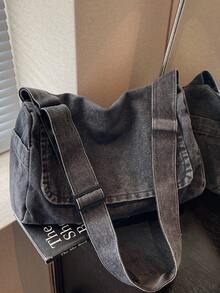 复古美式极简水洗厚款深灰色帆布包，多功能大容量斜挎包，休闲大学生单肩包，可折叠拉链翻盖手提包，街头风斜挎包 - 深灰色 - 查看 1