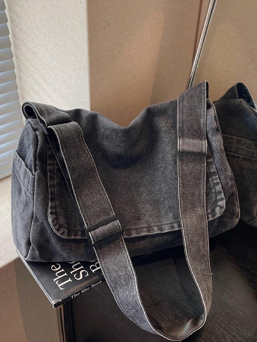 复古美式极简水洗厚款深灰色帆布包，多功能大容量斜挎包，休闲大学生单肩包，可折叠拉链翻盖手提包，街头风斜挎包 - 深灰色 - 查看 1