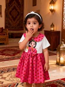 Ramadan Baby Girl Dress, Cute & Elegant Cartoon Girl & Damask Rose Print, Peter Pan Collar Short Sleeve Dress, Eid Al-Fitr Gift - Hot Pink - View 4