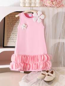 Girls' Sweet Cute 3D White Flower & Double Layer Pink Mesh Splice Sleeveless Dress - Pink - View 1