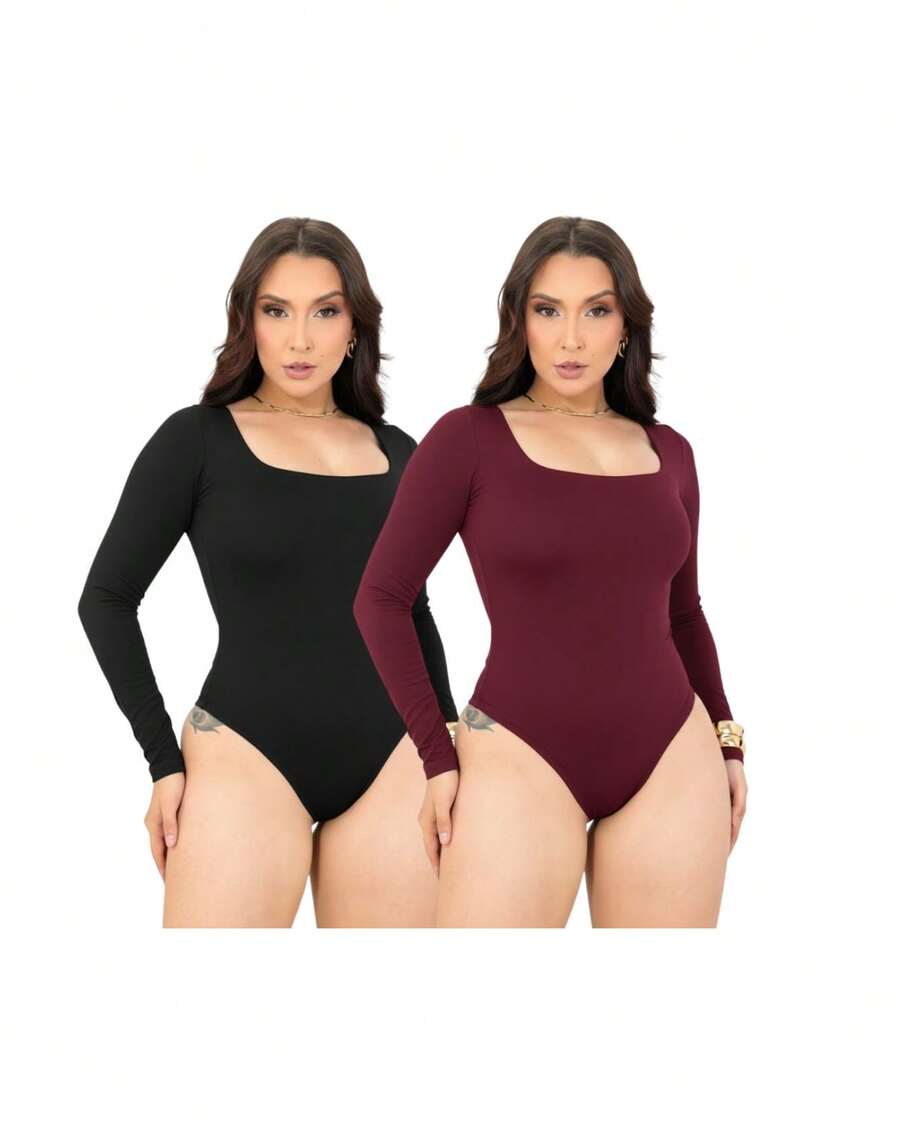 Set Of 2 Women's Long-Sleeved Bodysuits With Square Front - Elegant And Sensual - Party/Casual - Polyester - School/Vacation/Office/Home/Daily Wear - 黑/酒紅色 - 查看 1