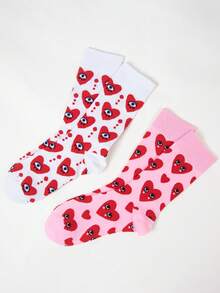 2/3 Pairs Women's Mid-Calf Socks, Cute Heart Design, Unique Personalized, Couples Socks For Valentine's Day, Fashionable & Versatile - Multicolor - View 2