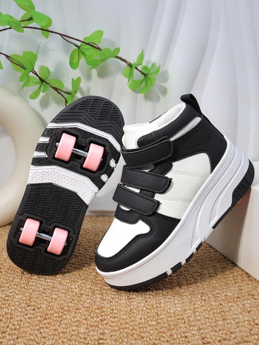 Chaussures à roulettes pour enfants avec 4 roues, roues amovibles, bande auto-agrippante, chaussures de patinage à roulettes, baskets mode et décontractées pour garçons et filles - Noir - Voir 1