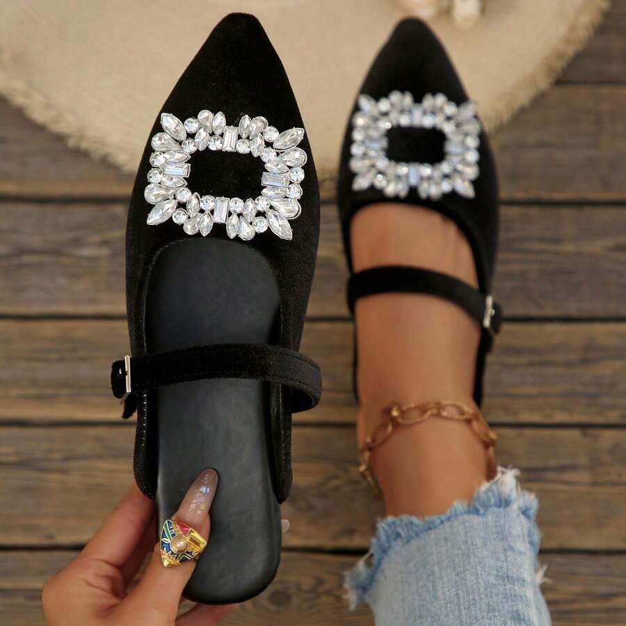 French Pointed Toe Mule Shoes, Rhinestone Embellished Slip-On Sandals, Elegant Lady Style - Black - View 1