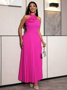 Women Elegant Fuchsia Halter Neck Pleated Maxi Dress With 3D Rose Back Tie Party Gown Wedding Guest Valentine's Day - Hot Pink - View 6