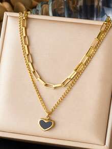 1 pieza de collar de joyería de acero inoxidable con colgante de luna, círculo de corazón blanco y negro, y cadena doble capa apilada con lazo de estilo elegante y sencillo chapado en oro - Blanco - Ver 2