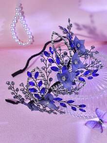 1pc Crystal Beaded Floral Headband, Wavy Design, Suitable For Bride, Wedding, Celebration, Date, Daily Wear, Valentine's Day Gift For Women - Blue - View 5