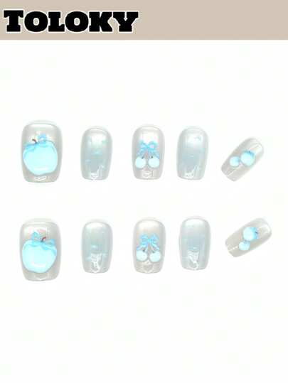 10片手工方形短款蓝色猫眼、苹果、樱花蝴蝶结假指甲，附赠3件美甲工具和指甲胶水，适合女性和女孩日常、派对、旅行、上学等场合使用。