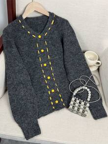 可爱柔软圆领针织开衫，2025春季新款休闲宽松毛衣 - 深灰色 - 查看 7